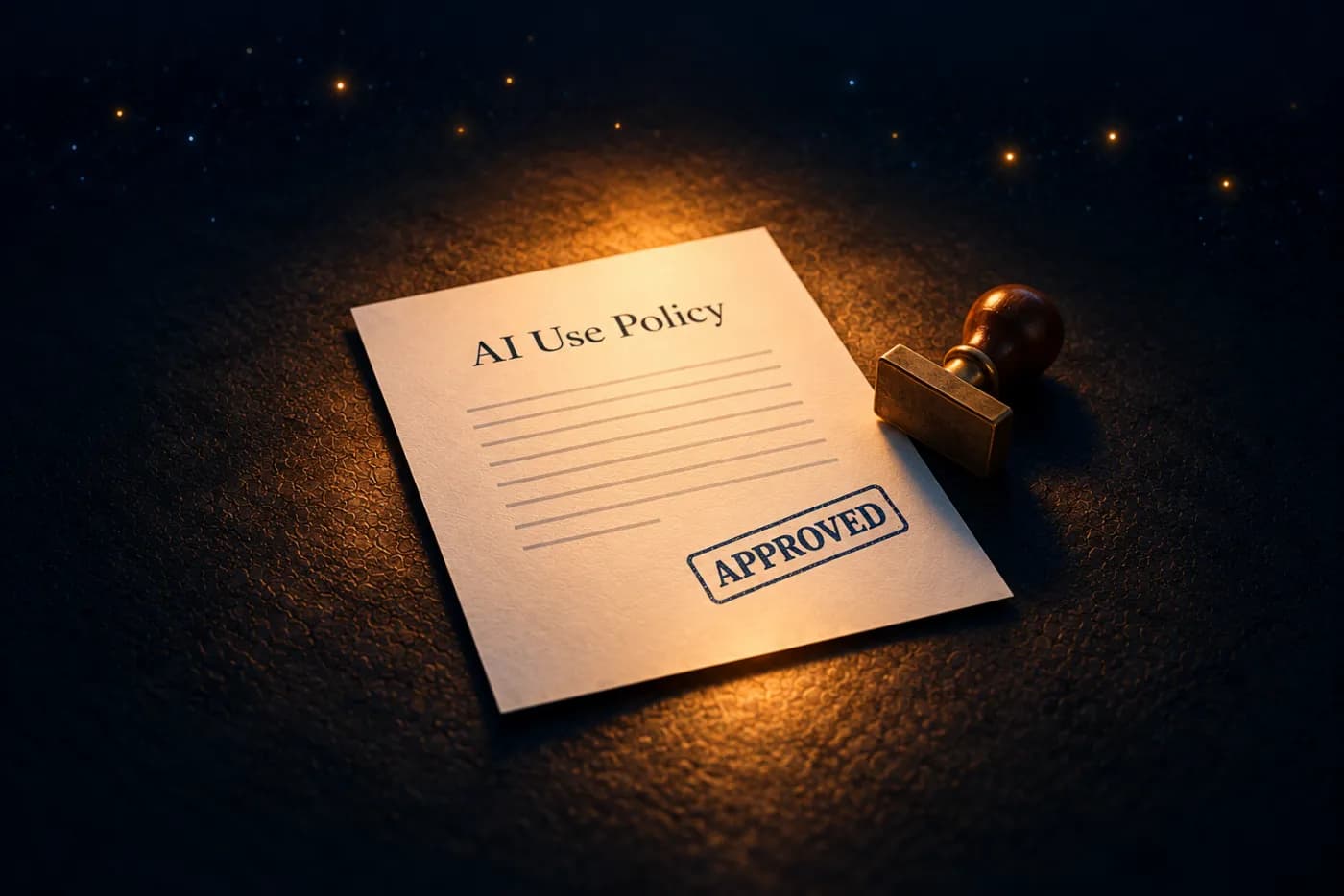 An AI Use Policy document stamped Approved, with a desk stamp beside it