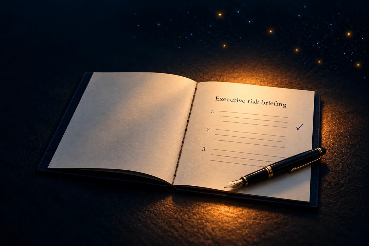 An open report titled Executive risk briefing with three numbered priorities and a fountain pen, lit by a warm light at night