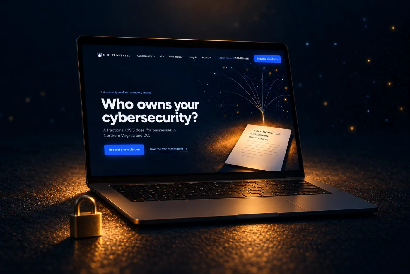 A laptop showing the NightFortress website, with a brass padlock in front of it