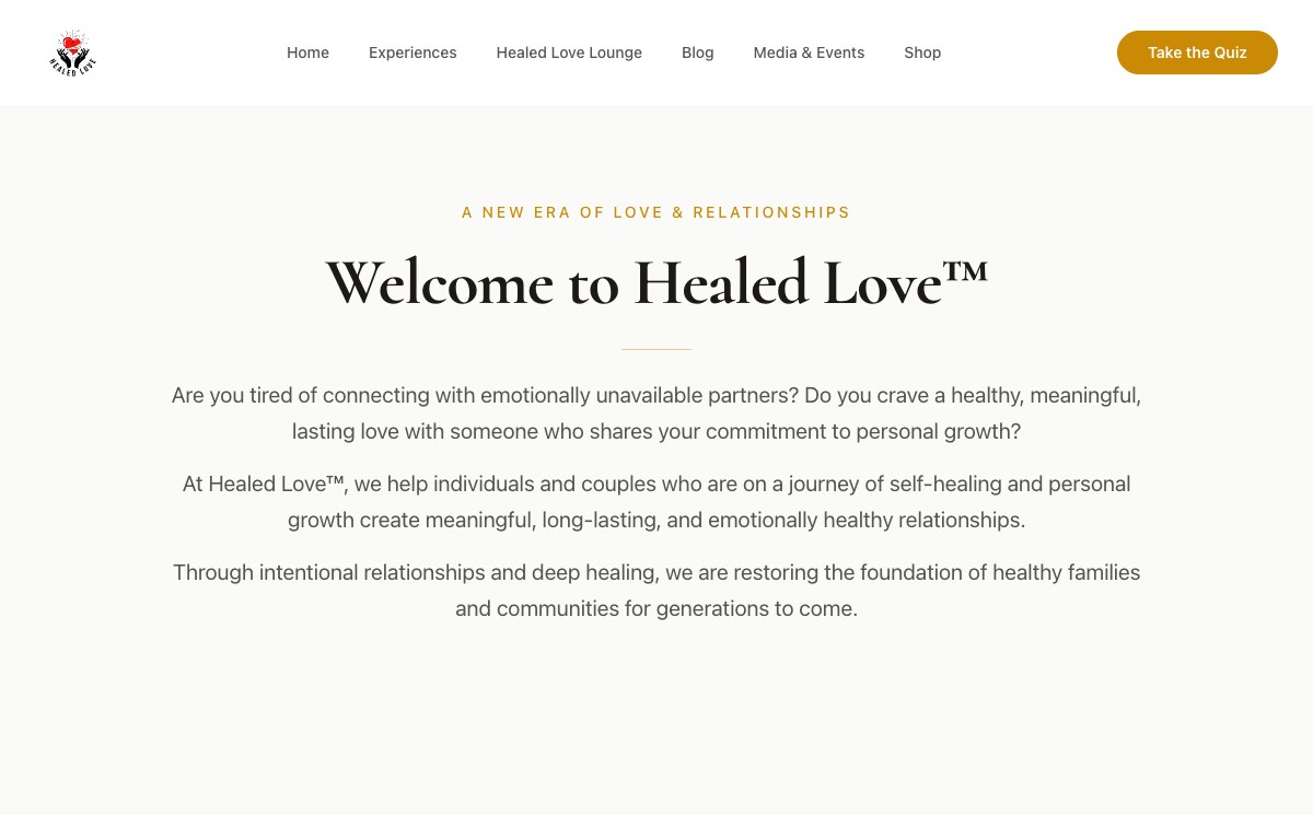 Healed Love Experience homepage screenshot