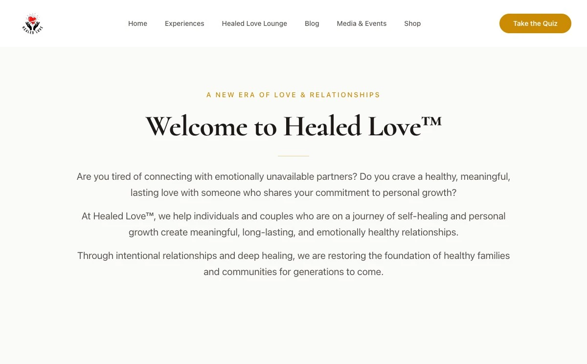 Healed Love Experience platform screenshot