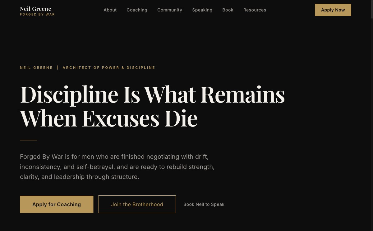 Neil Greene / Forged By War homepage screenshot